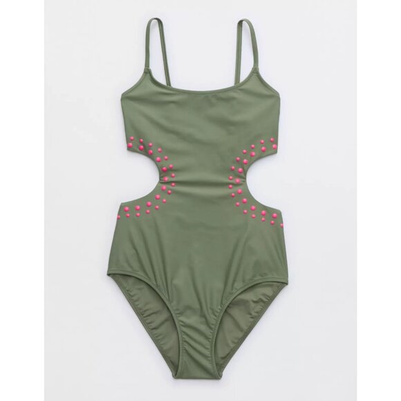 Aerie NWT Cut Out Full Coverage One Piece Swimsuit in Olive Fun - Picture 9 of 10